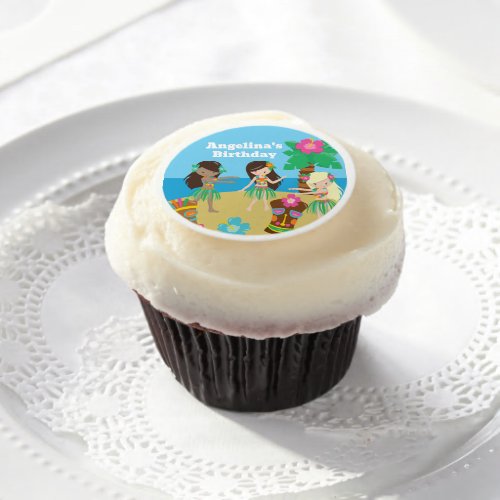 Cute Custom Luau Beach Hula Girls Birthday Party Edible Frosting Rounds