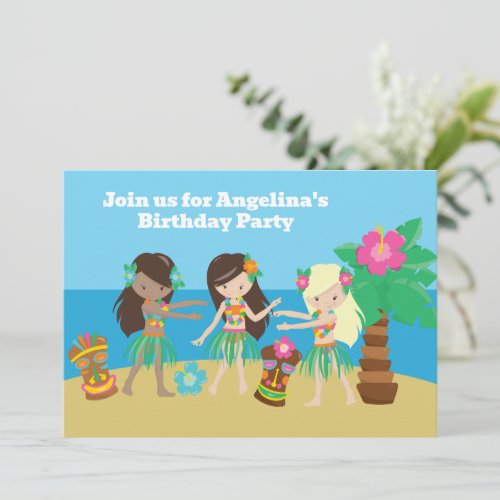 Cute Custom Luau Beach Hula Girls Birthday Party Invitation