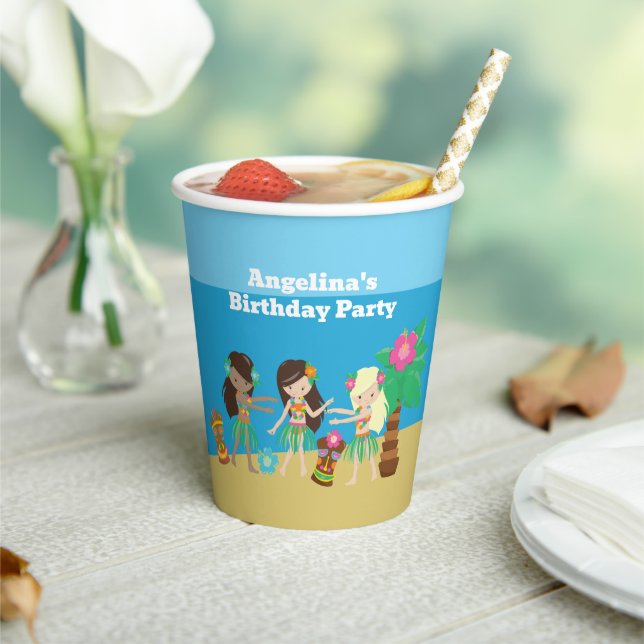 Cute Custom Luau Beach Hula Girls Birthday Party Paper Cups (Insitu)