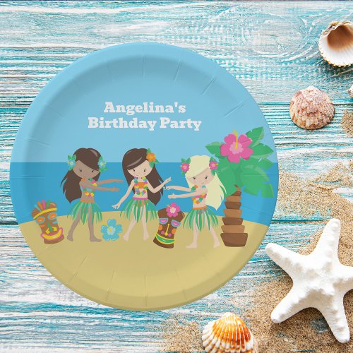 Cute Custom Luau Beach Hula Girls Birthday Party Paper Plates
