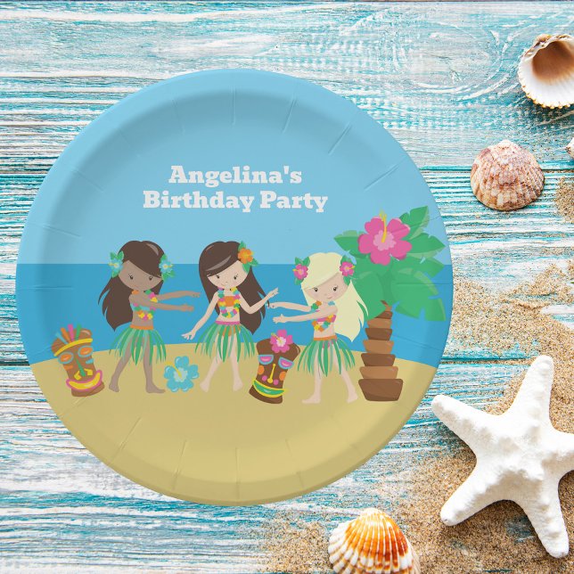 Cute Custom Luau Beach Hula Girls Birthday Party Paper Plates (Creator Uploaded)