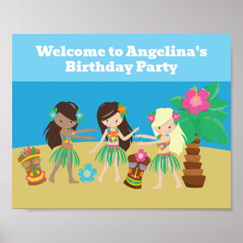 Cute Custom Luau Beach Hula Girls Birthday Party Poster