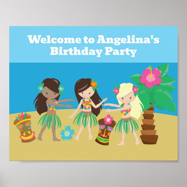 Cute Custom Luau Beach Hula Girls Birthday Party Poster (Front)