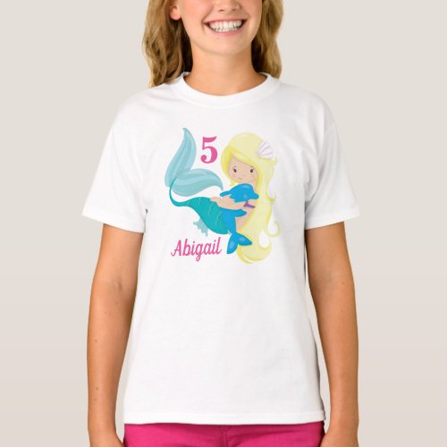 Cute Custom Mermaid Birthday Blonde Girl T_Shirt