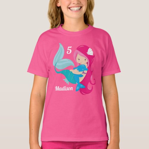 Cute Custom Mermaid Birthday Party Girls Pink T_Shirt