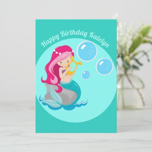 Cute Custom Mermaid Girl Childrens Teal Birthday Card