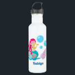 Cute Custom Mermaid Girl Stainless Steel Water Bottle<br><div class="desc">A cute personalized beach girl gift with a pretty pink haired mermaid with a teal tail holding a beautiful harp next to blue bubbles. Customize with your little girl's name for a nice kids gift.</div>