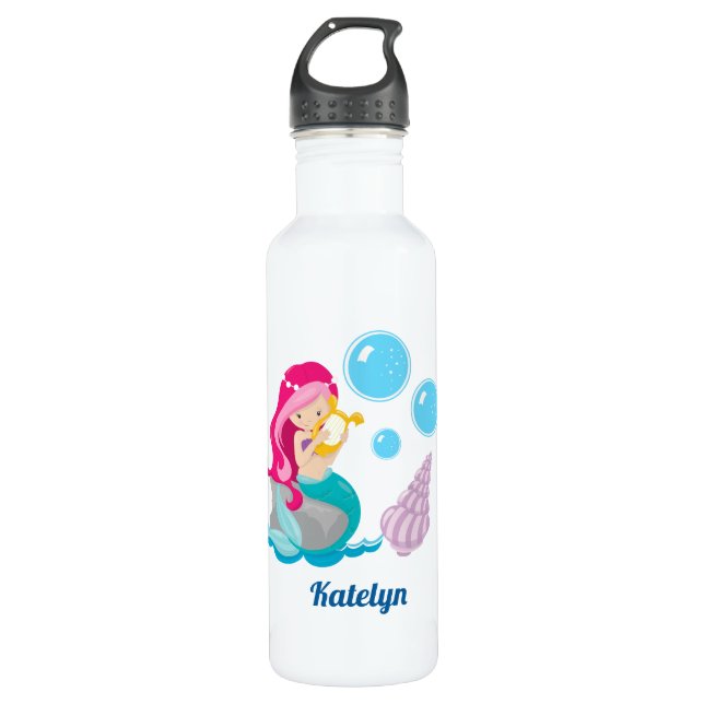 Cute Custom Mermaid Girl Stainless Steel Water Bottle (Front)