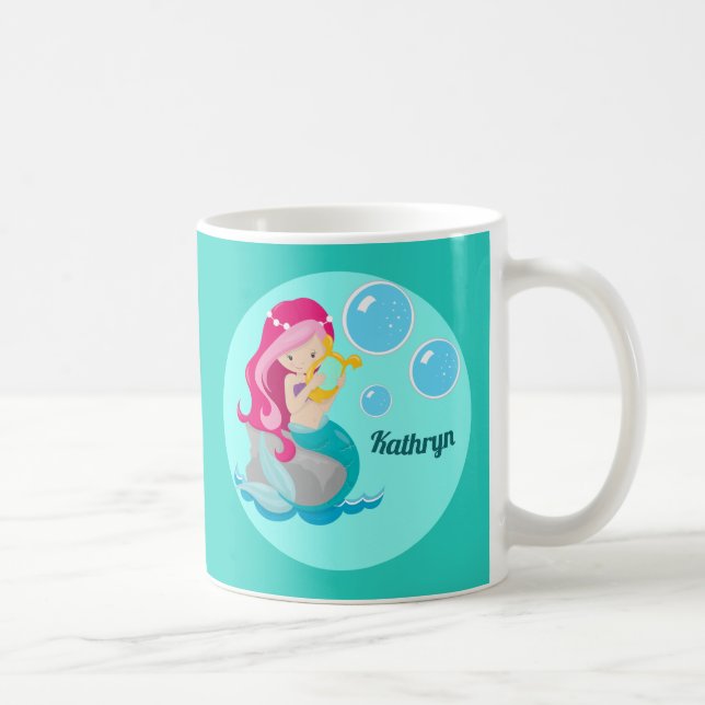 Cute Custom Mermaid Girl Teal Coffee Mug (Right)