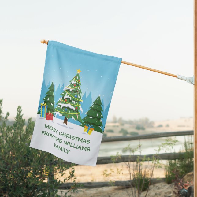Cute Custom Merry Christmas Blue Holiday House Flag (Insitu (Back))