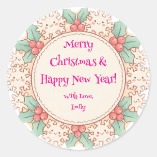Cute Custom Merry Christmas & Happy New Year Holly Classic Round Sticker