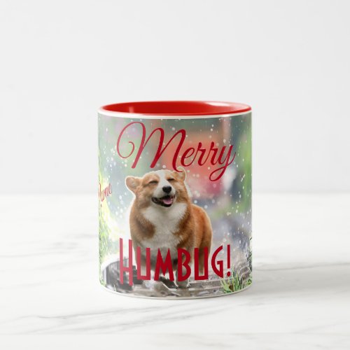 Cute Custom Merry Humbug Corgi Dog Photo Xmas Two_Tone Coffee Mug