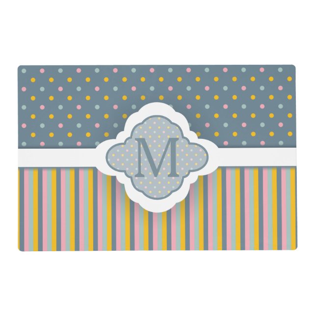 Cute Custom Monogram Polka Dot Stripes Pattern Placemat (Front)