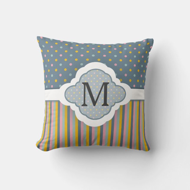 Cute Custom Monogram Polka Dot Stripes Pattern Throw Pillow (Front)