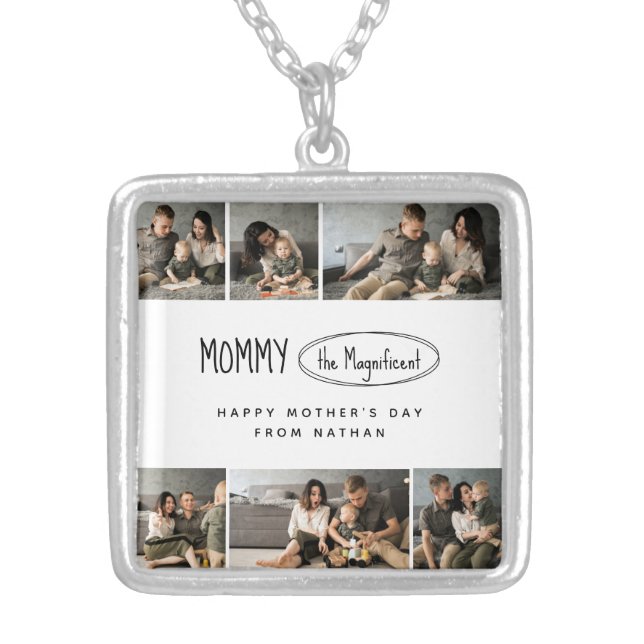 Cute Custom Mothers Day Family Photo Silver Plated Necklace (Front)