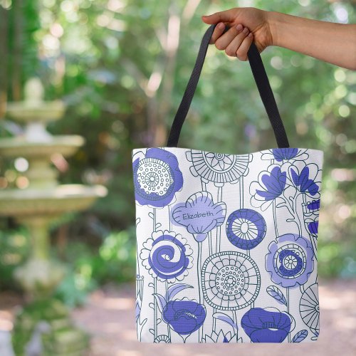 Cute Custom Name Abstract Floral Artsy Blue Purple Tote Bag