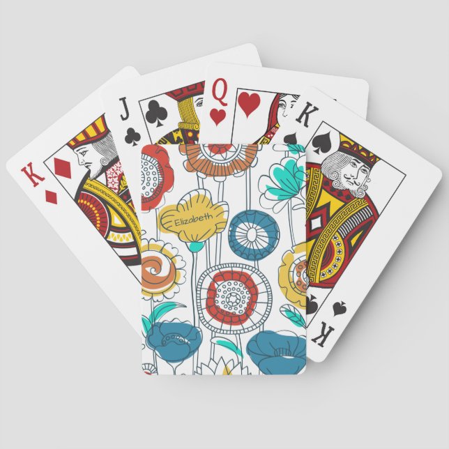 Cute Custom Name Abstract Modern Flowers Artsy Poker Cards (Back)