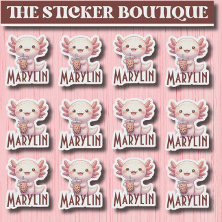 Cute Custom Name Adorable Axolotl Boba Tea Sticker