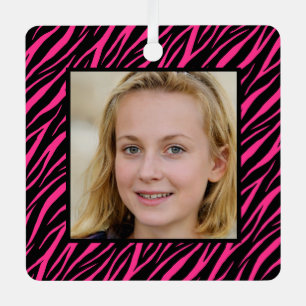 Cute Custom Name And Photo Pink Zebra Christmas Metal Ornament