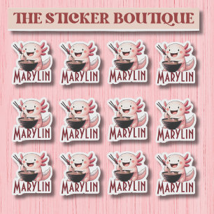 Cute Custom Name Axolotl Eating Noodles Sticker 