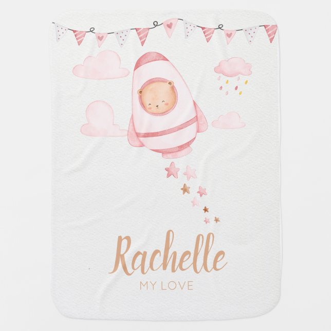 Cute Custom Name Bear Baby Girl Blanket (Front)