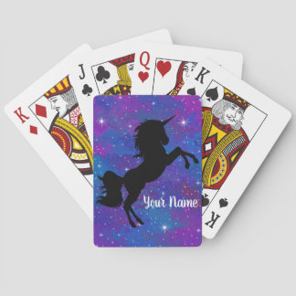 Cute Custom Name Black/Purple Unicorn Galaxy Stars Poker Cards