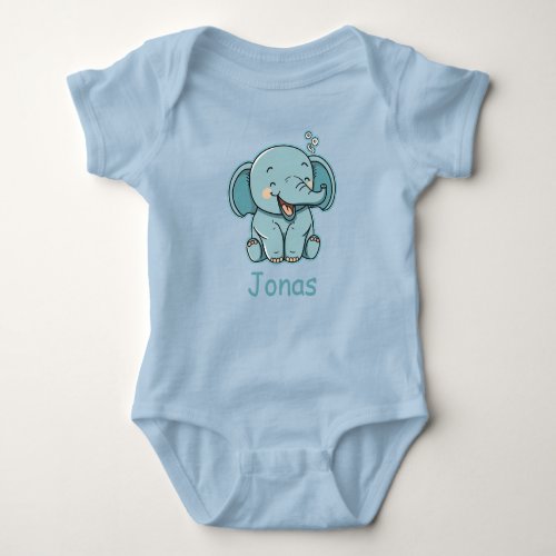 Cute Custom Name Blue Elephant Baby Bodysuit