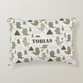 Cute Custom Name Dinosaur Khaki Green Accent Pillow