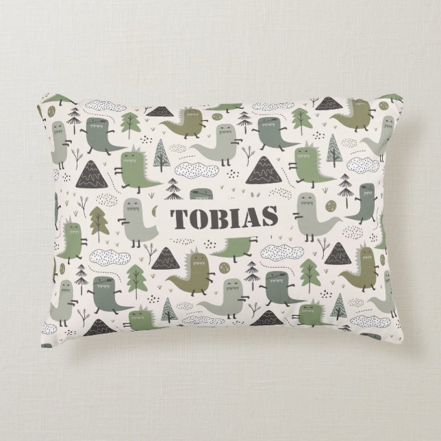 Cute Custom Name Dinosaur Khaki Green  Accent Pillow (Front)