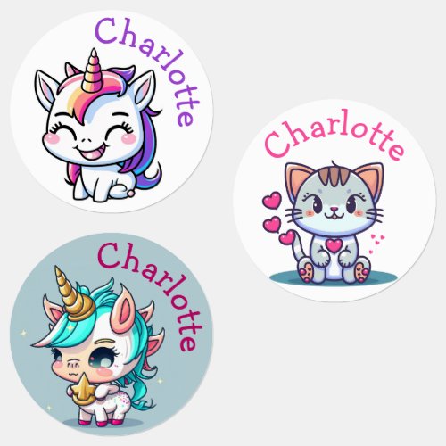 Cute Custom Name Fantasy Kitten and Unicorn Labels