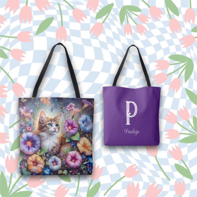 Cute Custom Name Flower Garden Kitty  Tote Bag (Creator Uploaded)