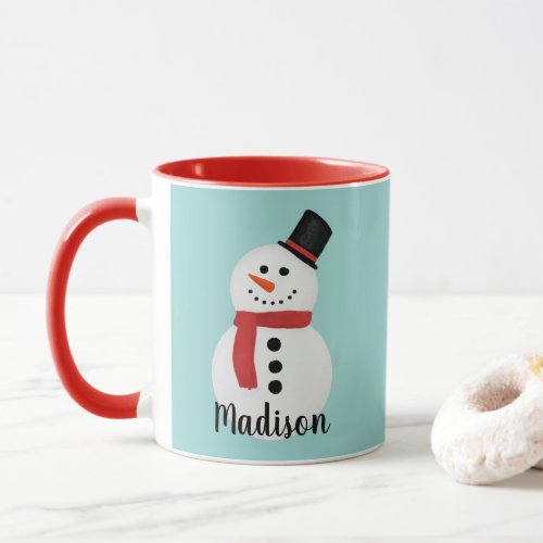 Cute Custom Name Happy Snowman Winter Blue and Red Mug
