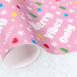 Cute Custom Name Holiday Retro Pink Christmas Wrapping Paper