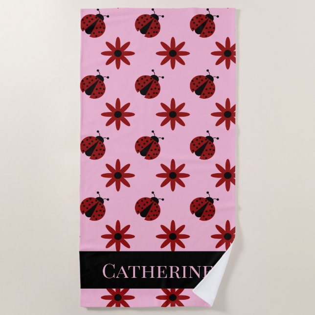 cute custom name ladybugs flowers personalized beach towel (Front)