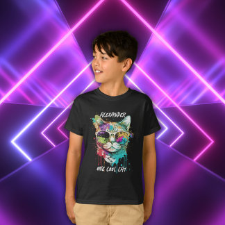 Cute Custom Name One Cool Cat Colorful Sunglasses T-Shirt
