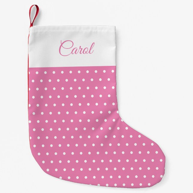 Cute Custom Name Pink and White Polka Dot Small Christmas Stocking (Front)