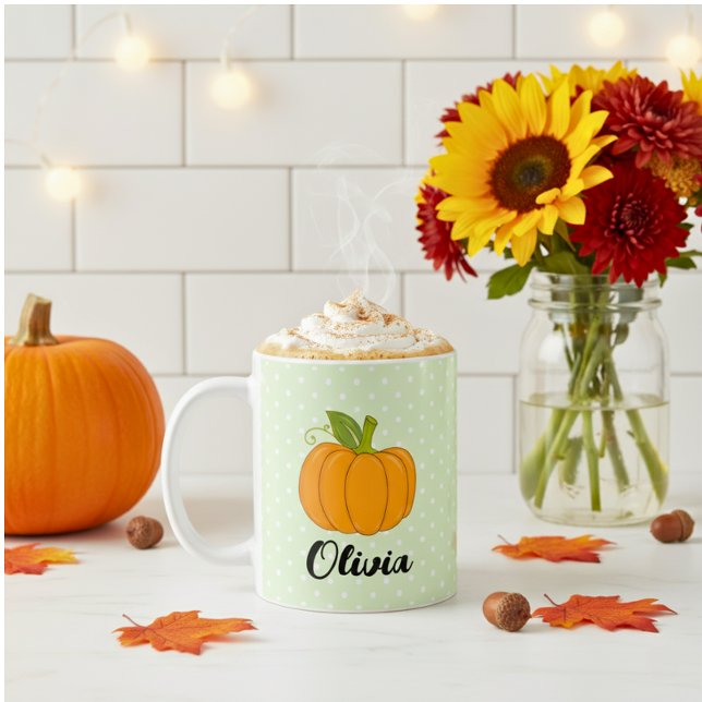 Cute Custom Name Polka Dot and Pumpkin  Coffee Mug (Creator Uploaded)