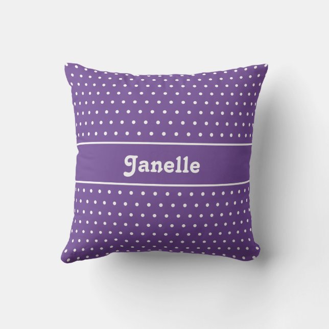 Cute Custom Name Polka Dot Purple and White Throw Pillow (Back)