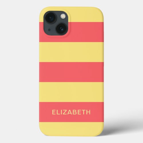 Cute Custom Name Salmon and Yellow Stripes iPhone 13 Case