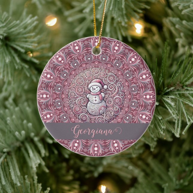Cute Custom Name Whimsical Pink Snowman Mandala Ceramic Ornament (Tree)