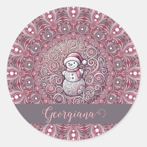 Cute Custom Name Whimsical Pink Snowman Mandala Classic Round Sticker