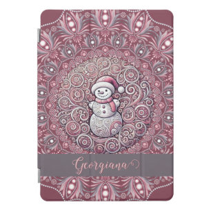 Cute Custom Name Whimsical Pink Snowman Mandala iPad Pro Cover