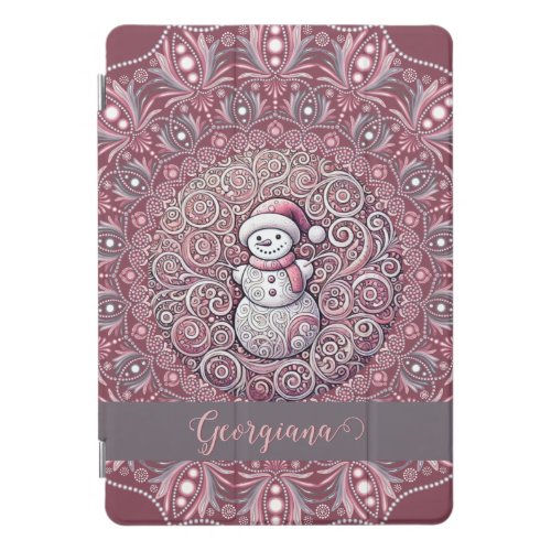 Cute Custom Name Whimsical Pink Snowman Mandala iPad Pro Cover