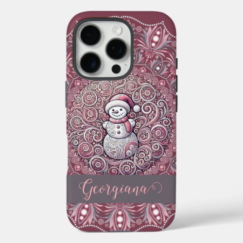 Cute Custom Name Whimsical Pink Snowman Mandala iPhone 16 Pro Case