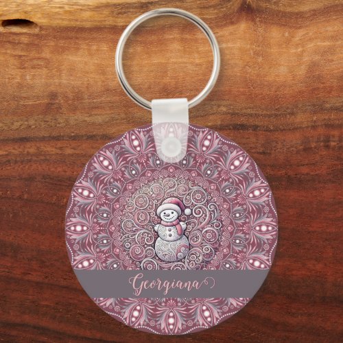 Cute Custom Name Whimsical Pink Snowman Mandala Keychain