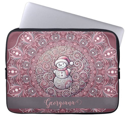 Cute Custom Name Whimsical Pink Snowman Mandala Laptop Sleeve