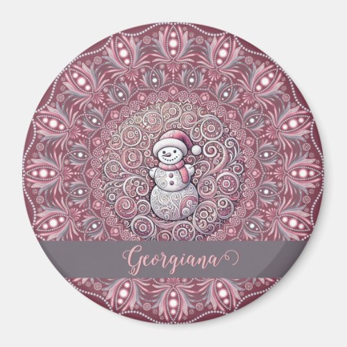 Cute Custom Name Whimsical Pink Snowman Mandala Magnet