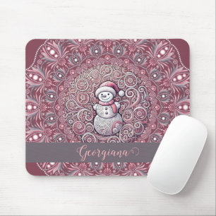 Cute Custom Name Whimsical Pink Snowman Mandala Mouse Pad