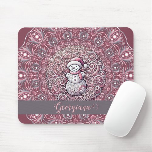 Cute Custom Name Whimsical Pink Snowman Mandala Mouse Pad