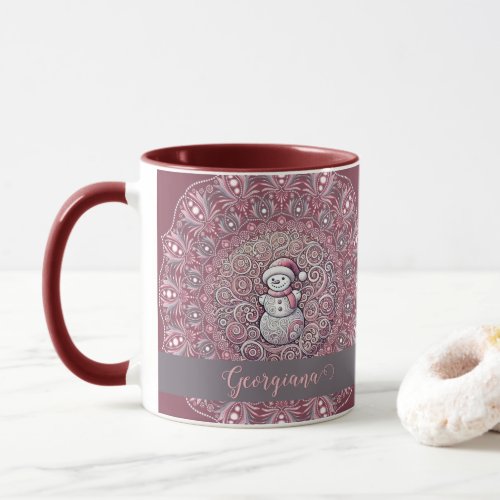 Cute Custom Name Whimsical Pink Snowman Mandala Mug